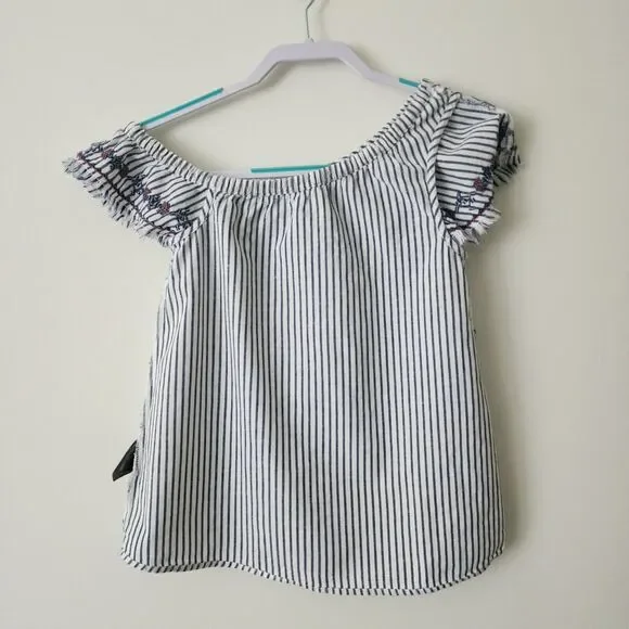 LOGG H&M One Shoulder Top Size 2 Linen Cotton White Blue Striped Embroidered - Picture 4 of 10